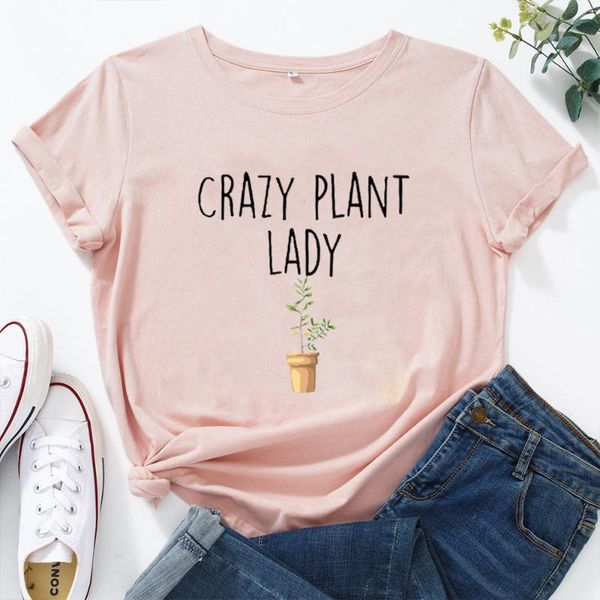 

women's t-shirt crazy plant lady letter women loose tshirts cotton summer o-neck casual short sleeve graphic t shirts, White