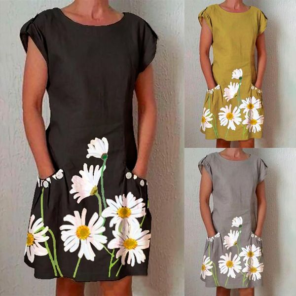 

fashion summer casual sunflower print womens dresses cotton linen mid length short sleeved, Black;gray