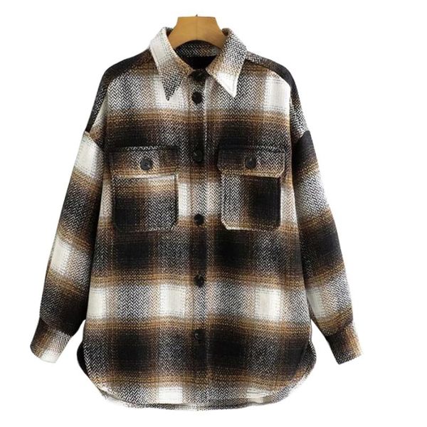 

western vintage style long sleeve woolen jackets plaid color loose fashion streedwear women coats women's, Black;brown