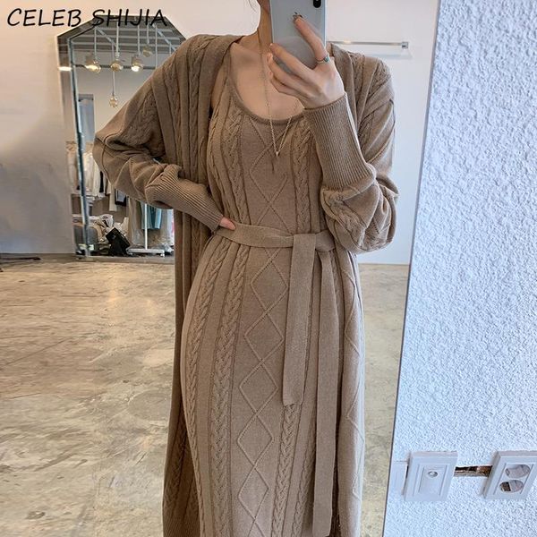 

casual dresses shijia korean khaki knit woman argyle 2021 autumn sweater dress chic elegant knitting female, Black;gray