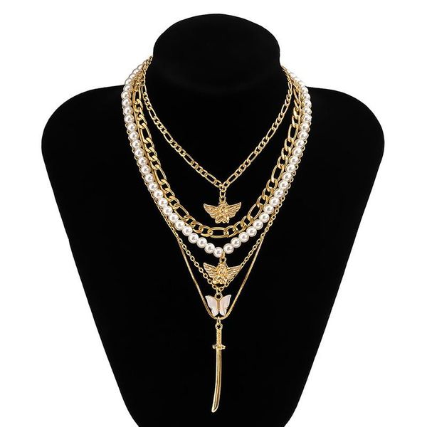 

chains multi-layered chain necklace for women vintage butterfly pearl choker pendant party jewelry gift, Silver