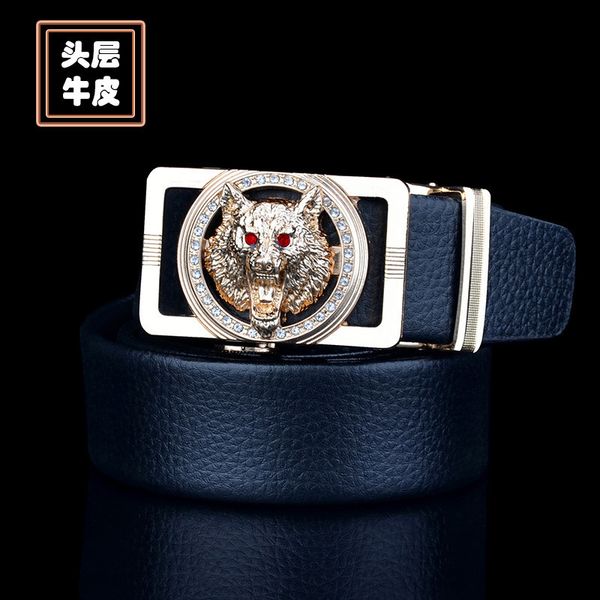 

red eye wolf head leather high grade business automatic buckle fashion men's belt, Black;brown
