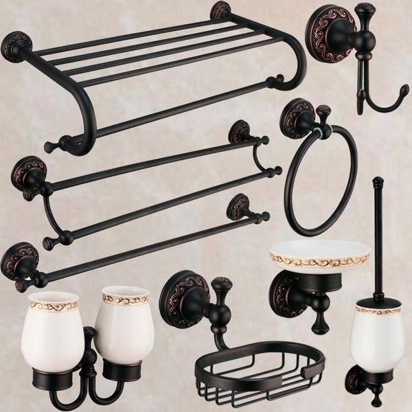 Set di accessori per il bagno Set di accessori per il bagno in bronzo nero antico a olio Set di accessori anneriti in metallo rame europeo Completa 9 articoli Freeship