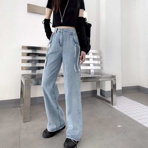 

women's jeans denim wide leg pants high waist loose long retro blue full length solid color ladies harajuku femme