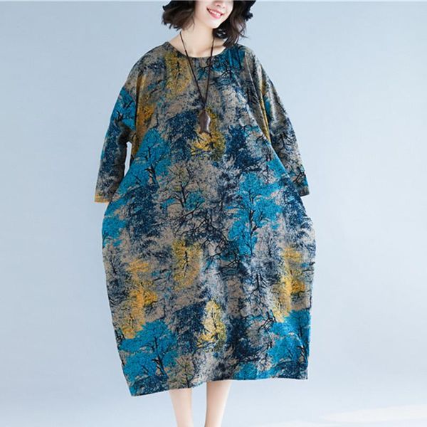 

casual dresses long sleeve spring dress plus size 5xl loose women print floral vintage cotton linen female autumn, Black;gray