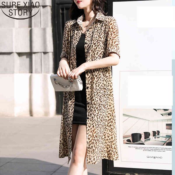 

casual cardigan leopard printed long chiffon blouse ladies blusas women summer sun protection clothes shirts 9123 50 210417, White