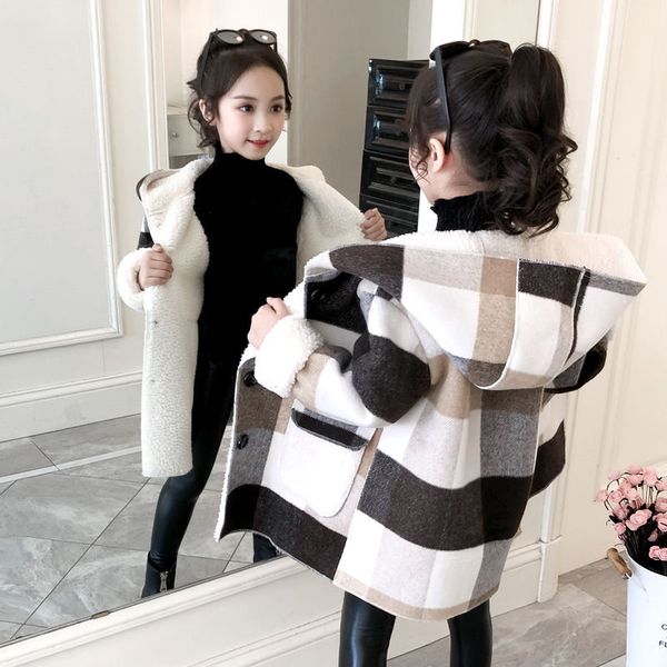 

fall winter girls plaid woolen coat kids fleece lining warm lattice outwear children hooded long sleeve princess coats q3112, Blue;gray