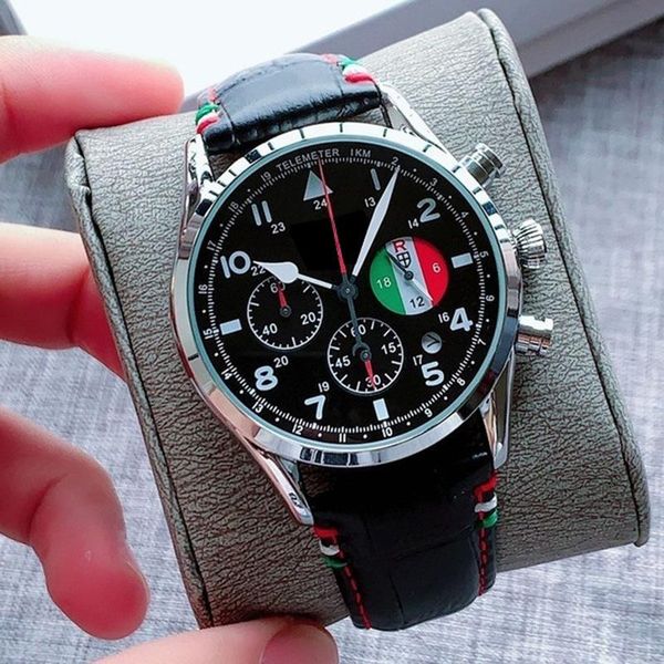 

wristwatches waterproof leather band chronograph men's watches business six needles quartz japan wristwatch, Slivery;brown