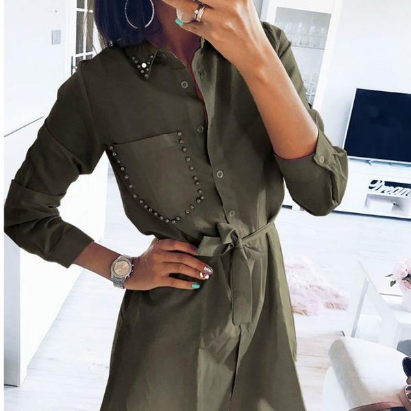 

casual dresses autumn pearl beading shirt dress women long sleeve turn down collar buttons girl slim bandage waist office, Black;gray
