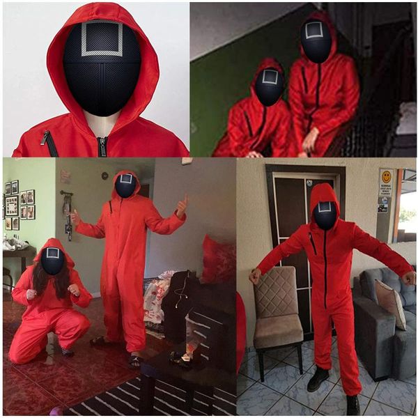 

jogging clothing squid game npc red jumpsuit uniform black mask cosplay costume halloween party prop round six, Black;red