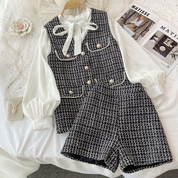 

women's tracksuits small fragrant tweed vest jacket loose bow tie shirt three-piece suit high-waisted wide-leg shorts women, Gray