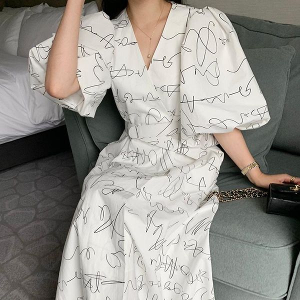 

casual dresses [ewq] korea chic trend women cross v-neck robe fashion loose graffiti puff sleeve midi dress summer 2021 16e1182, Black;gray