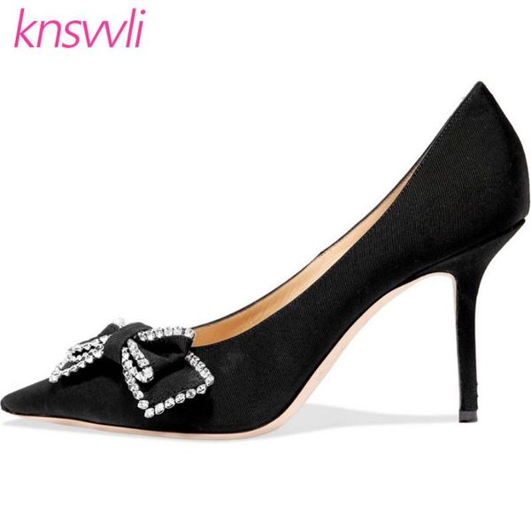 

dress shoes rhinestone bowknot thin high heels woman zapatos de mujer black wine red satin stiletto bride women pumps