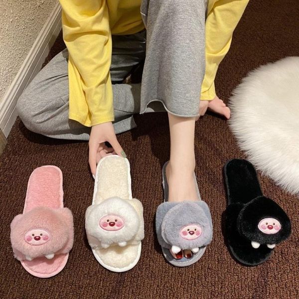 

slippers home women cute cartoon shoes winter warm indoor non-slip shoe woman slip on flat comfortale house chinelos, Black