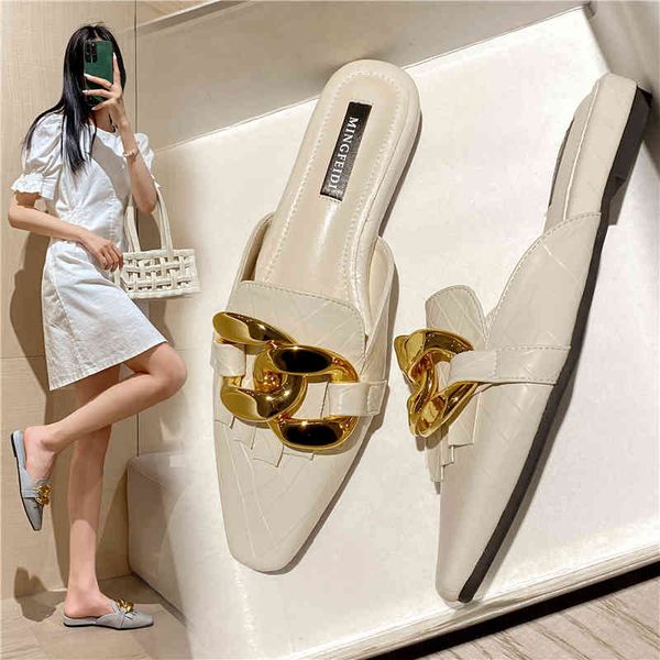 

summer women flat mules ladies brand design gold chain point toe slippers female pu leather soft comfortable slippers 210520, Black