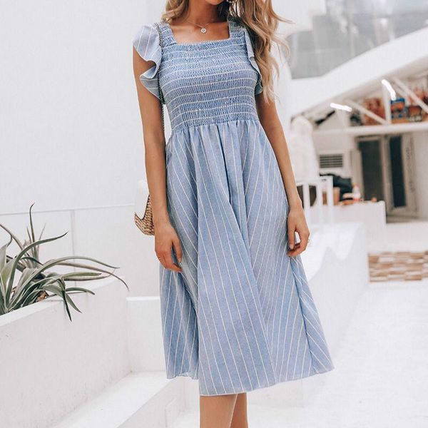 

vintage ruffles sleeveless striped dresses women summer 2021 fashion casual square neck elastic ruched bohemian boho dress lady, Black;gray
