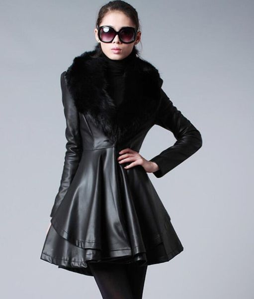 

women's fur & faux style pu mid-length leather coat, imitation collar, thin, Black