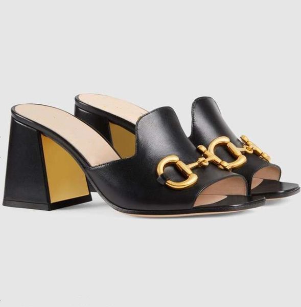 

women leather horsebit slipper sandal open-toed gold-toned hardware outdoor city designer lady wide strap high heel rubber sole slide sandal, Black