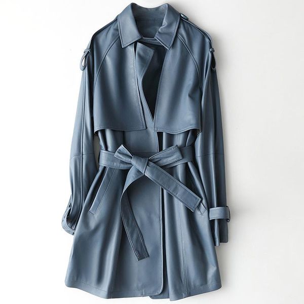 

women's leather & faux genuine mid-length coats ladies women sheepskin pocket belt jackets turn-down collar clothes fashion outerwear s, Black