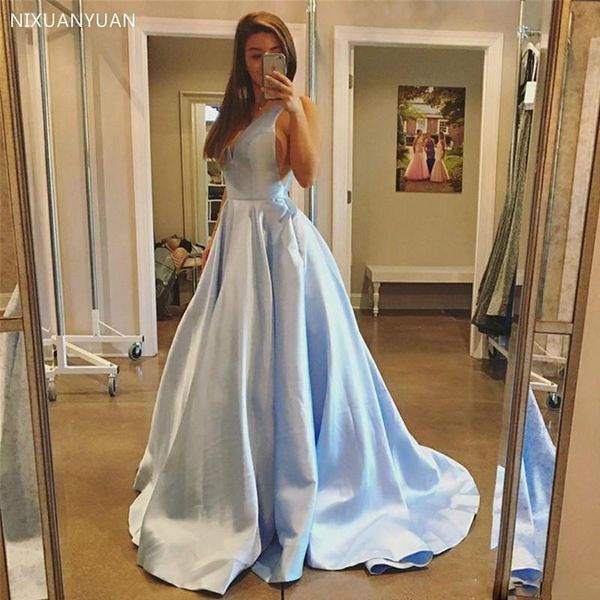 

party dresses light blue a line with pocket evening v neck sleeveless draped formal wear sweep train satin plus size gow, White;black
