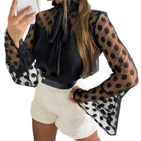 

mesh puff long woman sleeve jumper polka dot sheer slim shirt blouse 2021, White