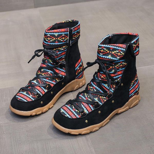 

flat low heel ankle boots lace-up colorblock ladies, Black