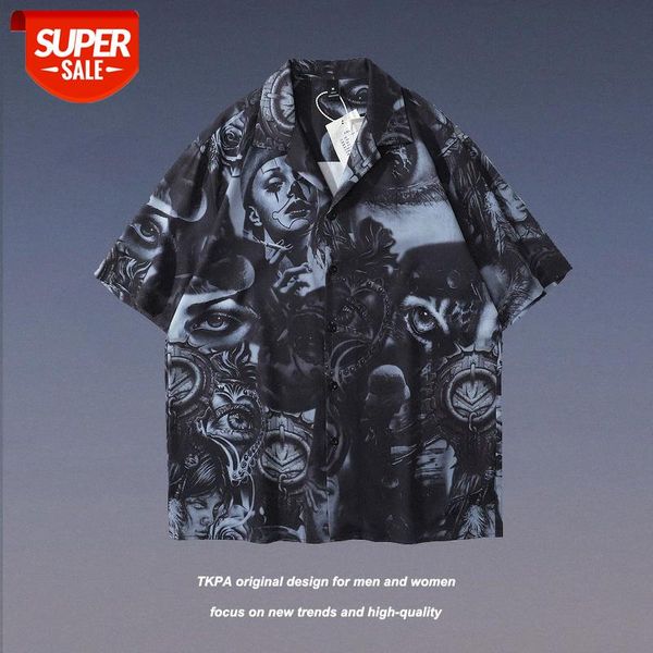 

tkpa retro short-sleeved shirt male street hip-hop couple loose casual wei yi jacket #qk5b, White;black