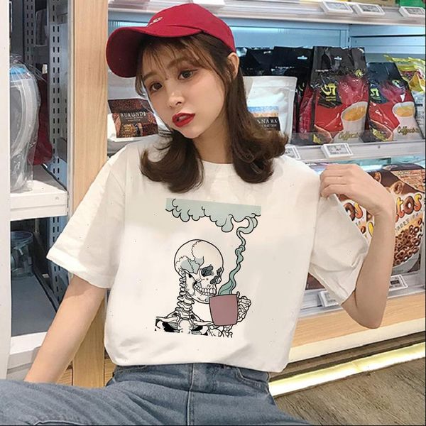 

women kawaii horro skull drink coffee femal tshirt cartoon tees casual t shirt harajuku short sleeve, White