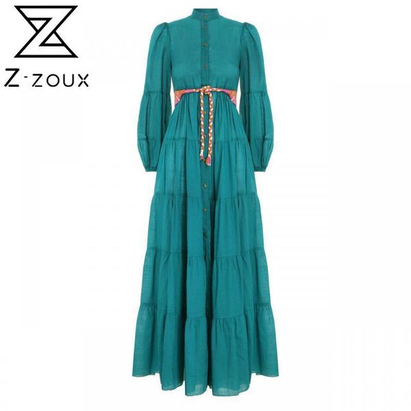 

casual dresses z-zoux women dress temperament maxi cotton long sleeve stand collar single breasted vintage with hand woven belt, Black;gray
