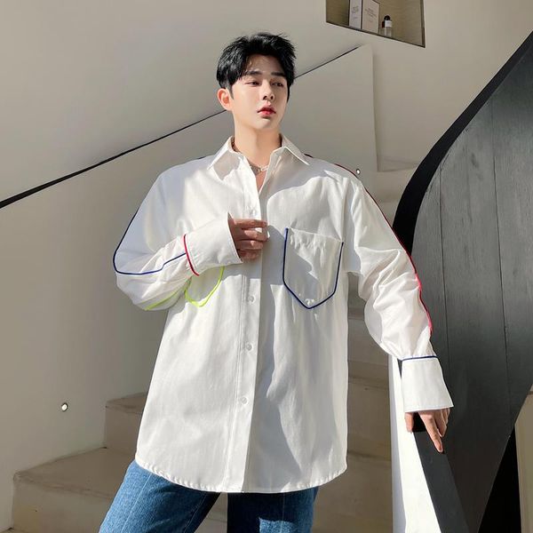 

men's casual shirts oversize long sleeve shirt men loose colors stripe splice coat korean youth fashion cardigan jacket, White;black