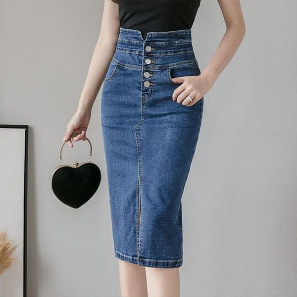

fashion split summer women skirts high waist single breasted slim wrap hip pencil denim for korean style bottoms, Black