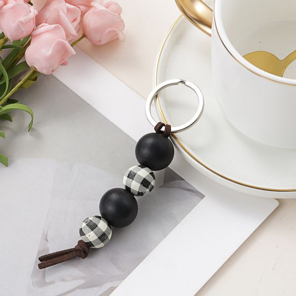 

1pc french style handmade wood keychain regular plaid pattern woods beads key ring for women handbag accessorie key holder, Silver
