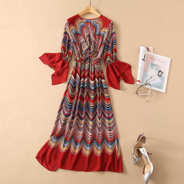 

est fashion summer women's elegant flare sleeve v-neck peacock ripple bohemian print retro holiday dress 210526, Black;gray