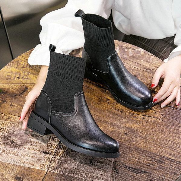 

2020 real leather socks boots women thick heel short boots mid-heel autumn and winter short tube stretch thin, Black