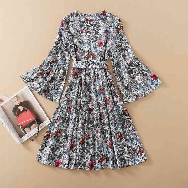 

dresses korean style spring women v-neck charming floral print belt deco flare sleeve large swing casual party lady, Black;gray