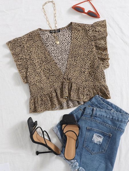 

ruffle hem allover print blouse h1mi#, White