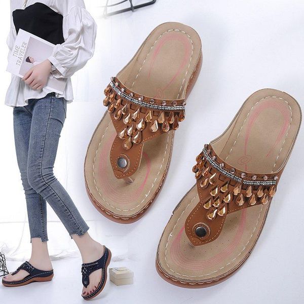 

slippers rubber flip flops low hawaiian pu hoof heels fabric, Black