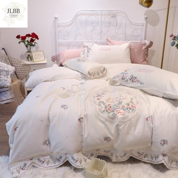 

bedding sets luxury princess set white pink flowers embroidery 80s egyptian cotton duvet cover bed linen fitted sheet pillowcases