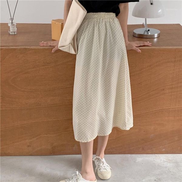 

skirts summer 2021 korean version of the high waist polka dot a-line skirt in long section thin, Black