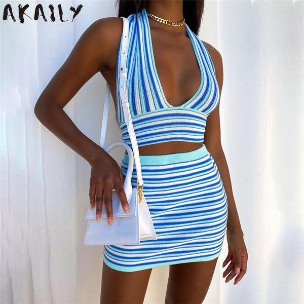 

women's tracksuits akaily blue stripe knitted 2 two piece sets women v neck crop and skinny elastic mini skirts 2021 summer club ou, Gray