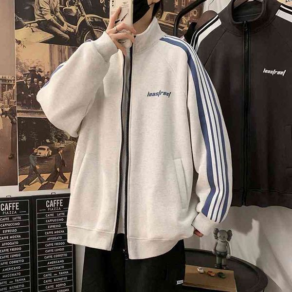 

men's sweater autumn and winter style loose trend versatile sports baseball suit tide brand plush thickened cardigan collar coat, Black