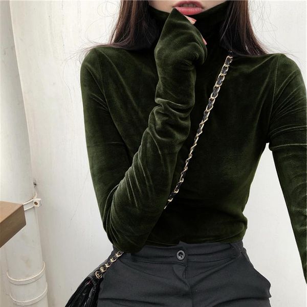 

women's t-shirt turtleneck velvet women long sleeve t shirts solid color 2021 spring autumn velour t-shirts basic shirt, White