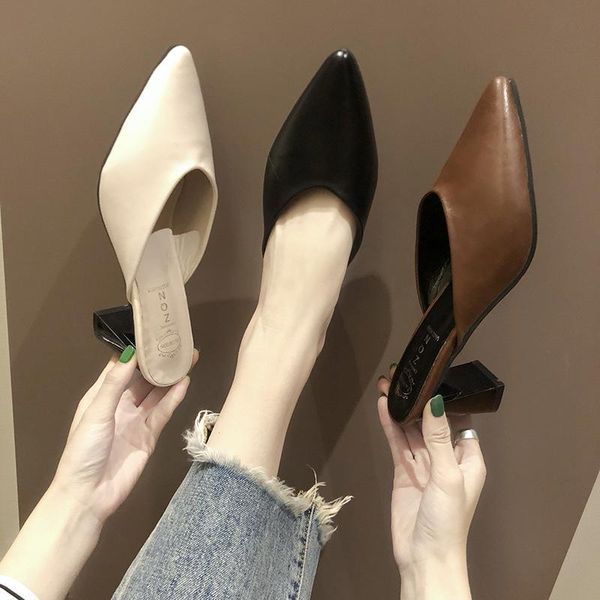 

slippers pointed toe pu leather women roman solid slip on lazy shoes closed mules woman thick high heels slides female, Black