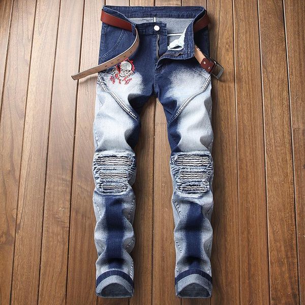 

men's france biker moto jeans slim fit straight denim pants distressed trousers, Blue