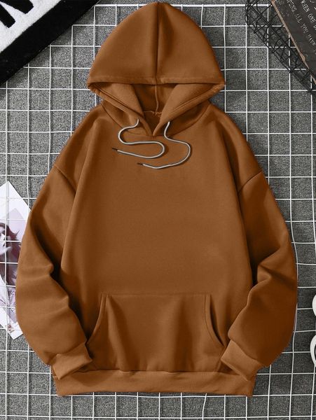 

plus solid thermal lined kangaroo pocket drawstring hoodie k8id#, Black