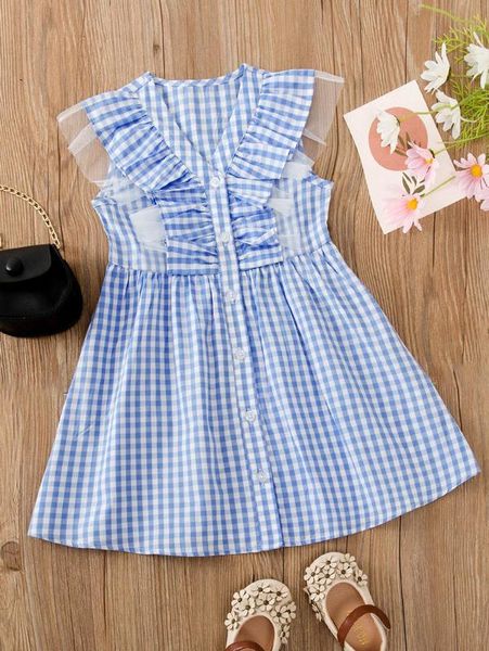 

toddler girls gingham contrast mesh ruffle trim dress she, Red;yellow