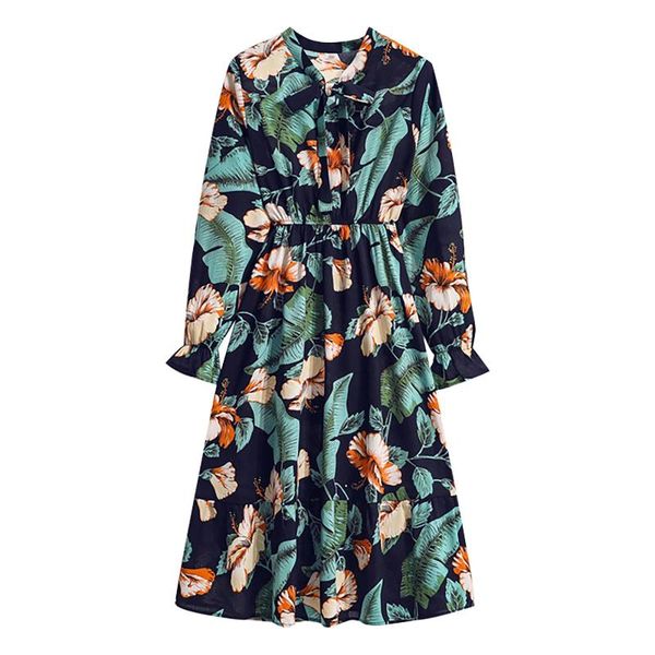 

casual dresses women elegant floral print autumn winter pleated dress vintage bow collar long sleeve chiffon shirt 2021 robe femme, Black;gray