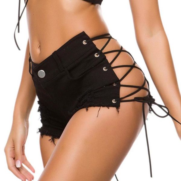 

women shorts adjustable criss-cross drawstring club style high waist hollow out lace up tassel black cotton short jeans women's, White;black
