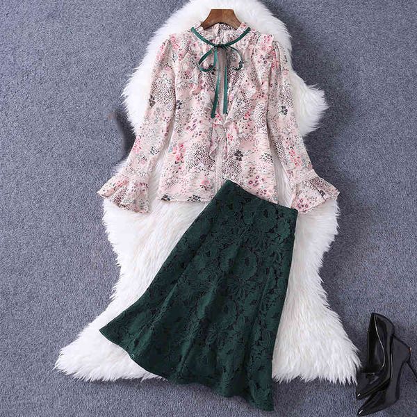 

two piece dress spring long sleeve round neck pink floral chiffon ribbon bow ruffle + lace knee-length skirt suits 2 s set mm1252861 6f9t, White