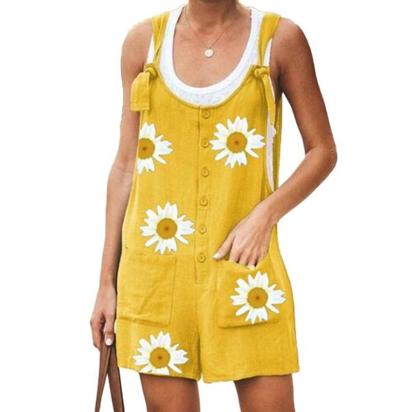

daisy-print jumpsuit women summer sleeveless marguerite print pockets cotton linen bib overall with pocket women's jumpsuits & rompers, Black;white